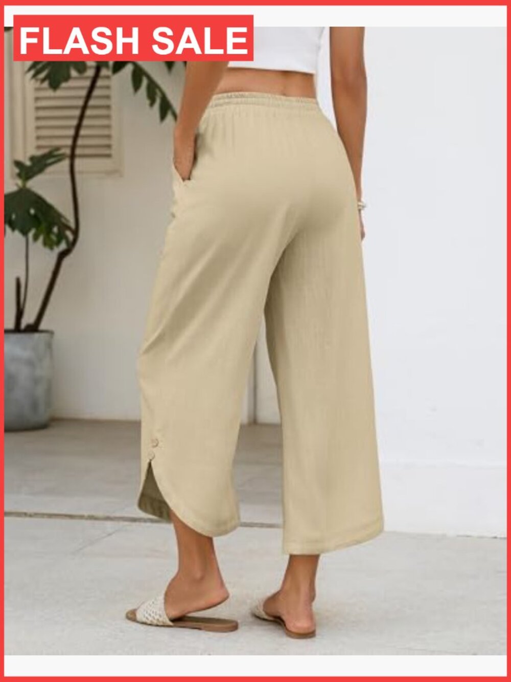 Women's Cotton Linen Wide Leg Capri Pants with Pockets - Picture 3 of 7